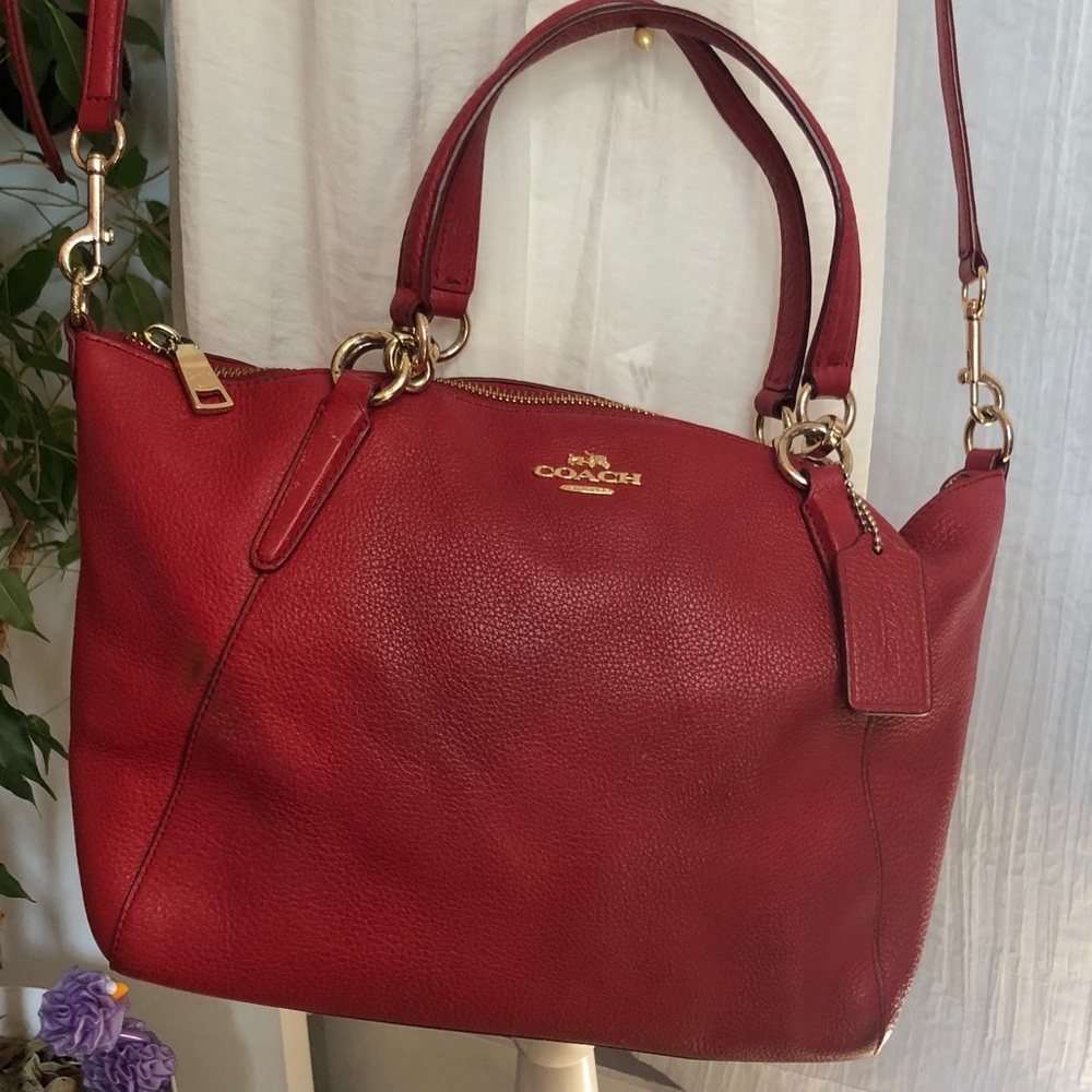 COACH pebbled red leather large crossbody satchel purse w/gold hardware